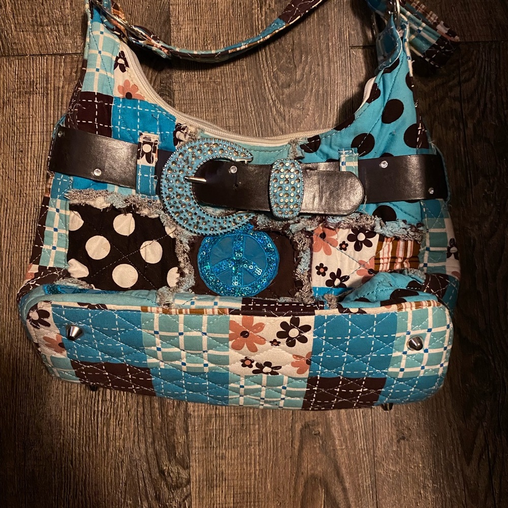 Patchwork Shoulder Bag with Blue and Brown Accents